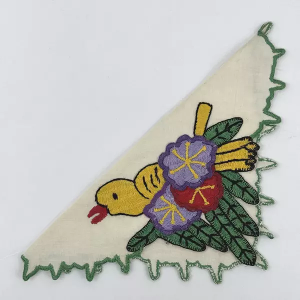 Lot of 2 Vintage Hand Embroidered Linen Table Napkins Yellow Bird And Flowers