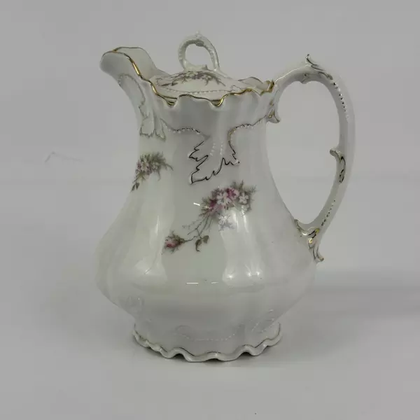 Vtg Welmar Porcelain Pitcher White Pink & White Flowers Gold Leaf Pattern Trim