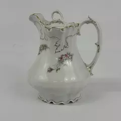 Vtg Welmar Porcelain Pitcher White Pink & White Flowers Gold Leaf Pattern Trim