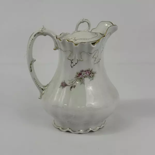 Vtg Welmar Porcelain Pitcher White Pink & White Flowers Gold Leaf Pattern Trim
