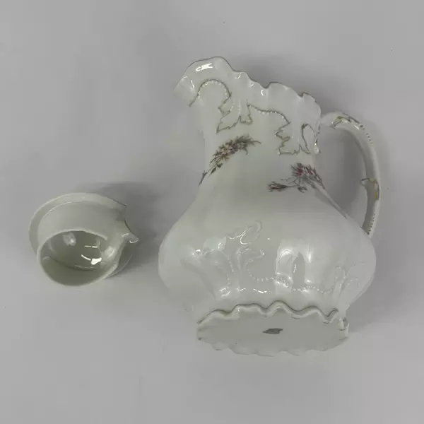 Vtg Welmar Porcelain Pitcher White Pink & White Flowers Gold Leaf Pattern Trim