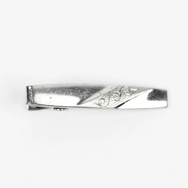 Vintage Silver-Tone Engraved Scroll Design Tie Clip 1-3/4"