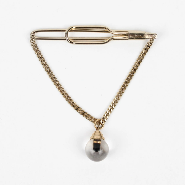 Vintage Gold-Tone Tie Clip with Chain and Glass Orb Pendant 2-1/2"