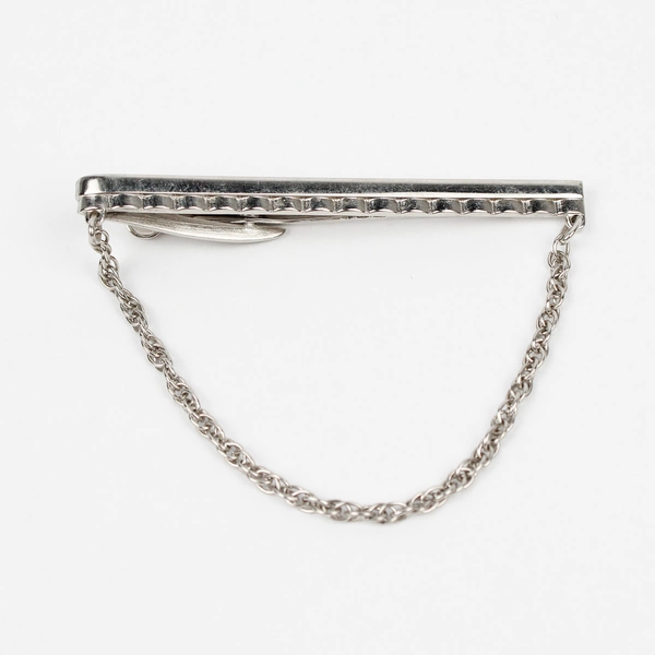 Vintage Hickok Silver-Tone Bar Tie Clip With Chain 2-1/2"