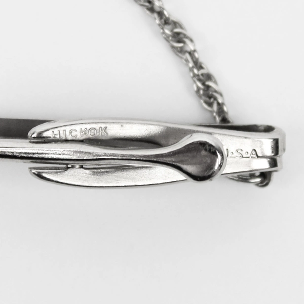 Vintage Hickok Silver-Tone Bar Tie Clip With Chain 2-1/2"