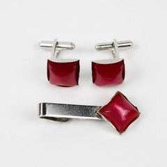 3-Piece Set Vintage Pink Square Silver-Tone Cufflinks and 1-1/2" Tie Clip
