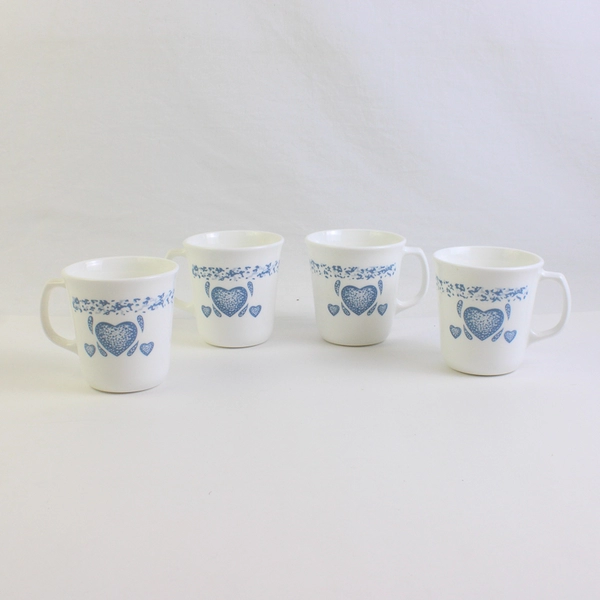 Lot of 4 Corning Corelle Blue Hearts Sloped Side Coffee Mugs