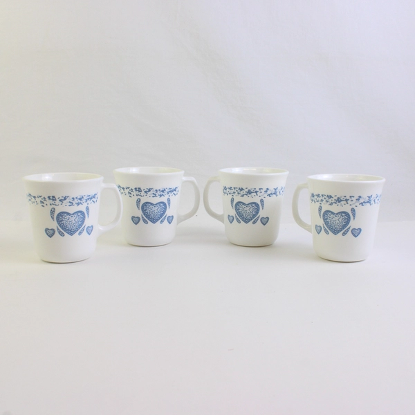Lot of 4 Corning Corelle Blue Hearts Sloped Side Coffee Mugs