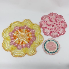 Lot of 3 Handmade Colorful Crocheted Doilies Pink Yellow Blue FLAWED