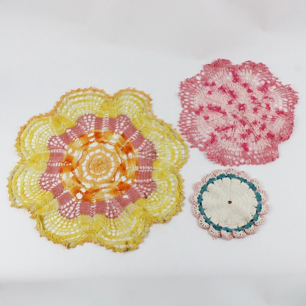 Lot of 3 Handmade Colorful Crocheted Doilies Pink Yellow Blue FLAWED