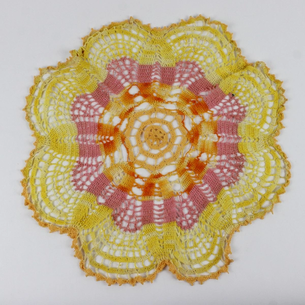 Lot of 3 Handmade Colorful Crocheted Doilies Pink Yellow Blue FLAWED