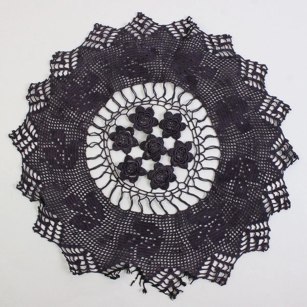 Vintage Handmade Crocheted Deep Purple Floral Design Doily 14"