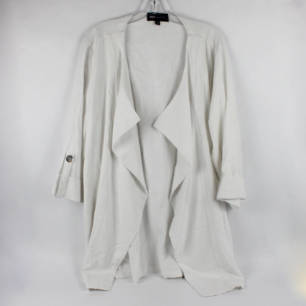 JNY Women's 1X White Linen Blend Open Front Jacket with Pockets