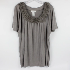 Design History Women's 1X Round Neck Gray Top with Decorative Collar