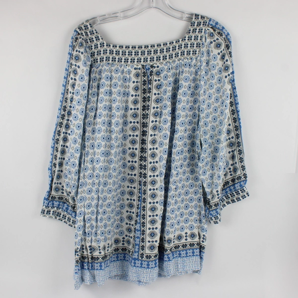 Caffe Marrahesh Women's 3X Blue Patterned Blouse with Sequin Details