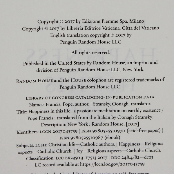 Pope Francis Happiness in This Life 2017 Hardcover Dust Jacket 1st Edition 