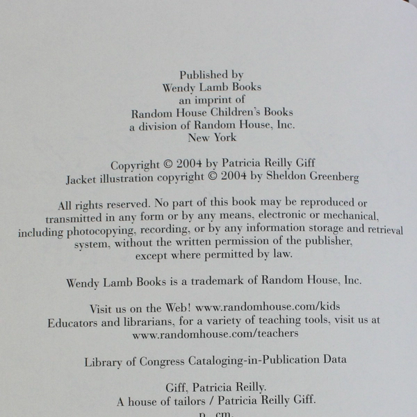 A House of Tailors by Patricia Reilly Giff 2004 Wendy Lamb Books