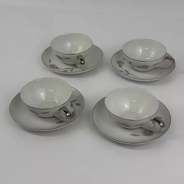 Lot of 4 Mikasa Fine China Primrose Cup & Saucer Sets Platinum Trim 8194