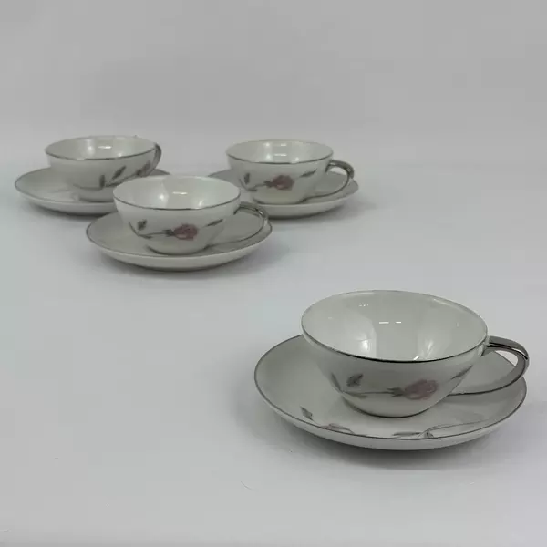 Lot of 4 Mikasa Fine China Primrose Cup & Saucer Sets Platinum Trim 8194