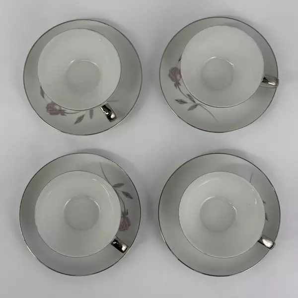 Lot of 4 Mikasa Fine China Primrose Cup & Saucer Sets Platinum Trim 8194