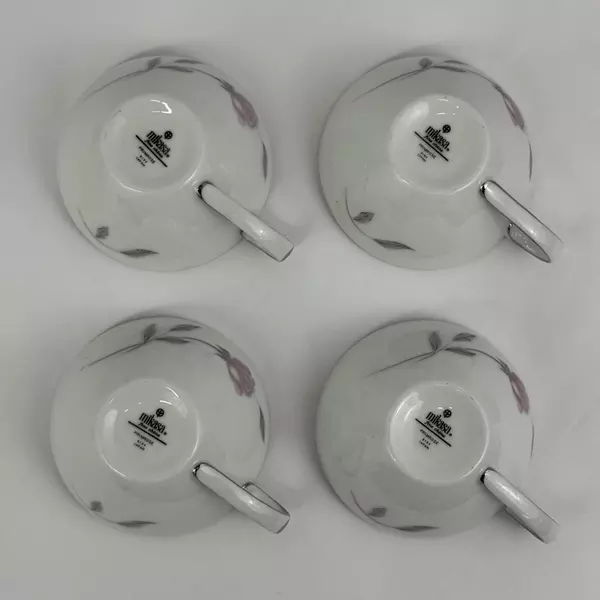 Lot of 4 Mikasa Fine China Primrose Cup & Saucer Sets Platinum Trim 8194
