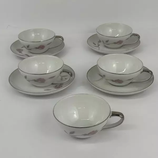 Lot Of 4 Mikasa Fine China Primrose Saucers with 5 Cups Platinum Trim 8194