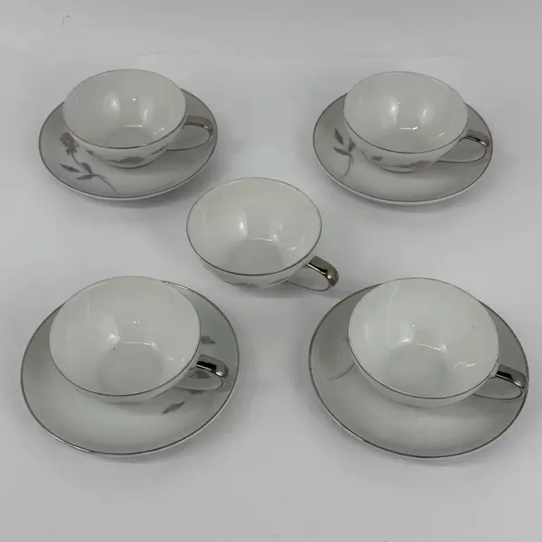 Lot Of 4 Mikasa Fine China Primrose Saucers with 5 Cups Platinum Trim 8194