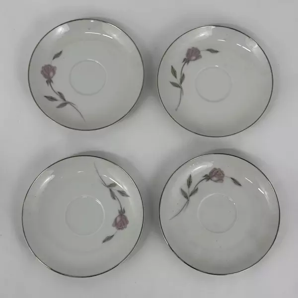 Lot Of 4 Mikasa Fine China Primrose Saucers with 5 Cups Platinum Trim 8194