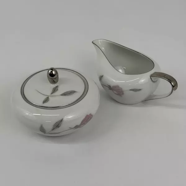 Mikasa Fine China PRIMROSE 8194 Creamer And Lidded Sugar Platinum Rim