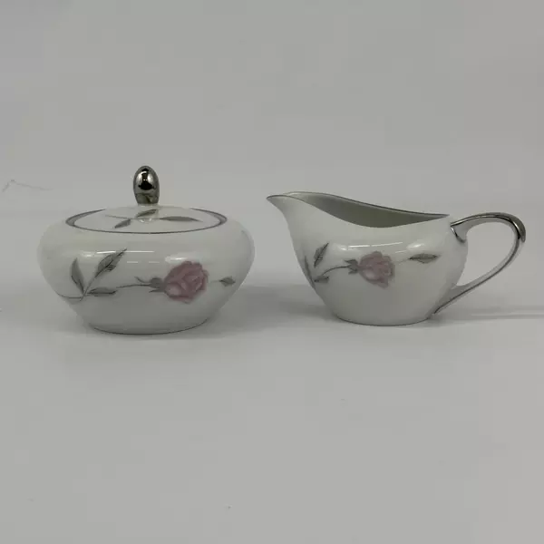 Mikasa Fine China PRIMROSE 8194 Creamer And Lidded Sugar Platinum Rim