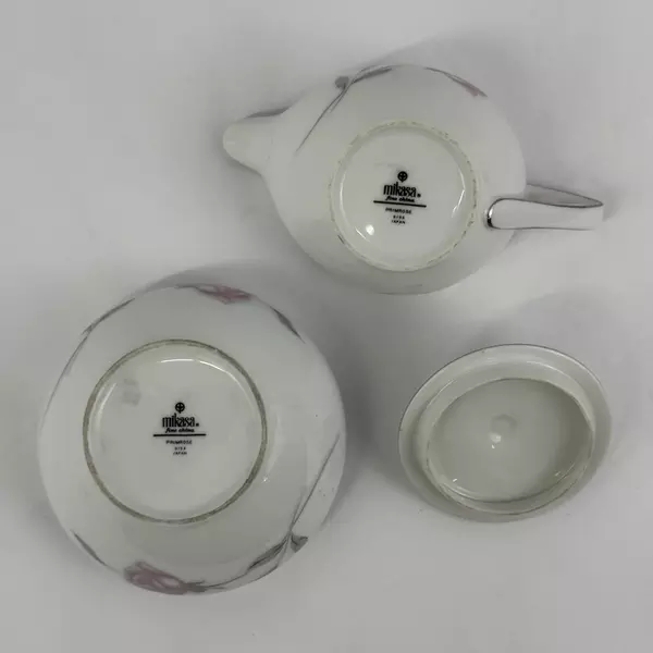 Mikasa Fine China PRIMROSE 8194 Creamer And Lidded Sugar Platinum Rim