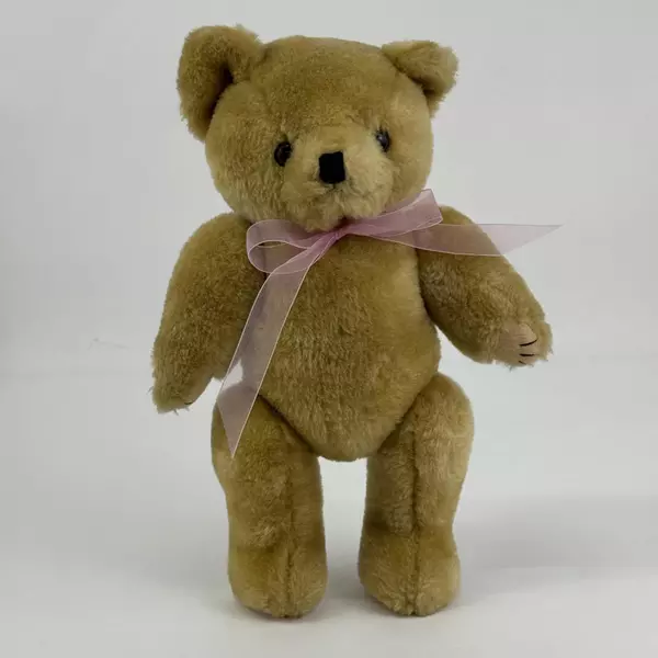 Vintage Caffco International 12" Jointed Honey Gold Teddy Bear With Pink Ribbon