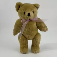 Vintage Caffco International 12" Jointed Honey Gold Teddy Bear With Pink Ribbon