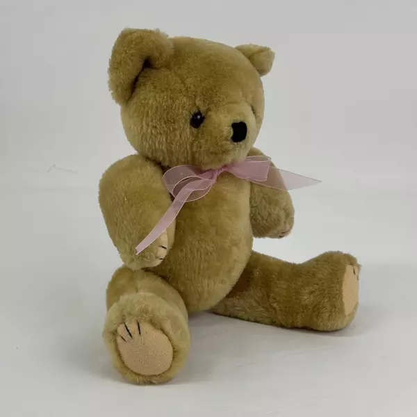 Vintage Caffco International 12" Jointed Honey Gold Teddy Bear With Pink Ribbon