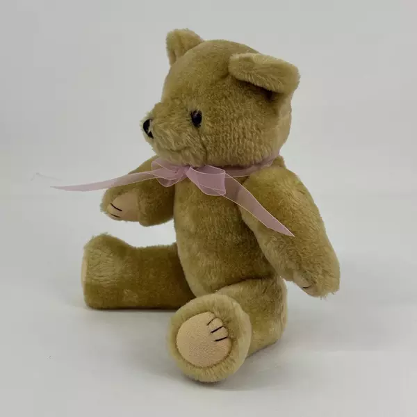 Vintage Caffco International 12" Jointed Honey Gold Teddy Bear With Pink Ribbon
