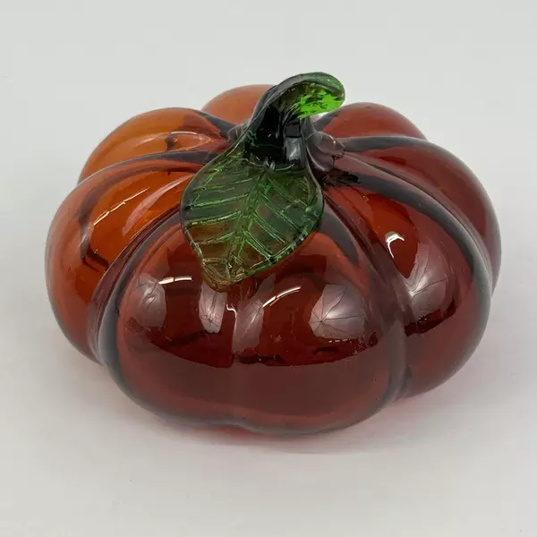 Hand Blown Burnt Orange Glass Pumpkin Halloween Or Fall Decoration 4.25 Inch