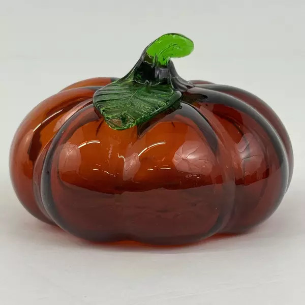 Hand Blown Burnt Orange Glass Pumpkin Halloween Or Fall Decoration 4.25 Inch