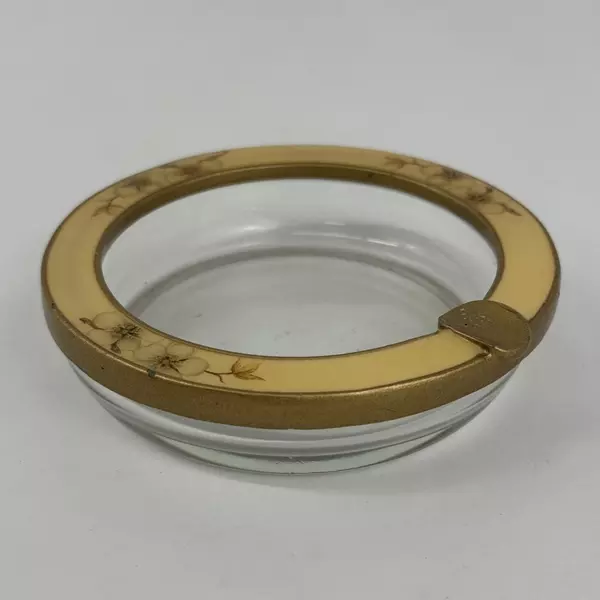 Vintage Glass Ashtray with Floral Pattern Metal Ring Rim
