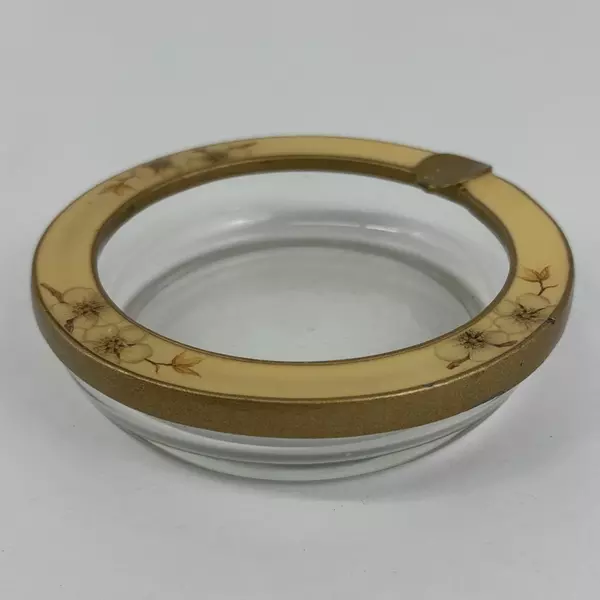 Vintage Glass Ashtray with Floral Pattern Metal Ring Rim