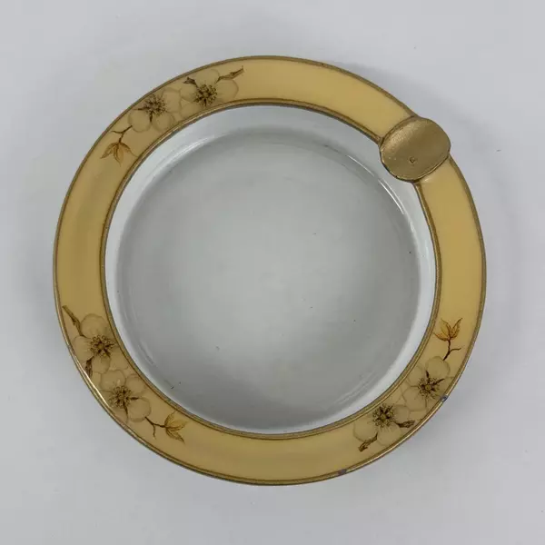 Vintage Glass Ashtray with Floral Pattern Metal Ring Rim