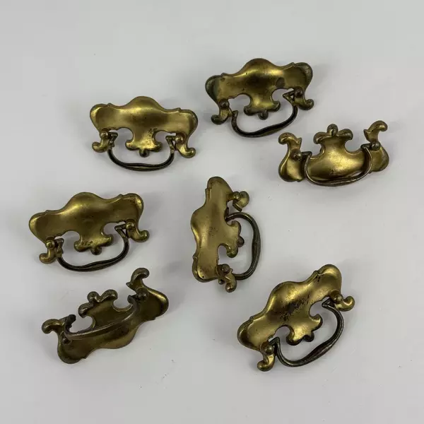 Lot of 7 Vintage Salvaged 2-Piece Brass Drawer Drop Pulls Fleur de Lis