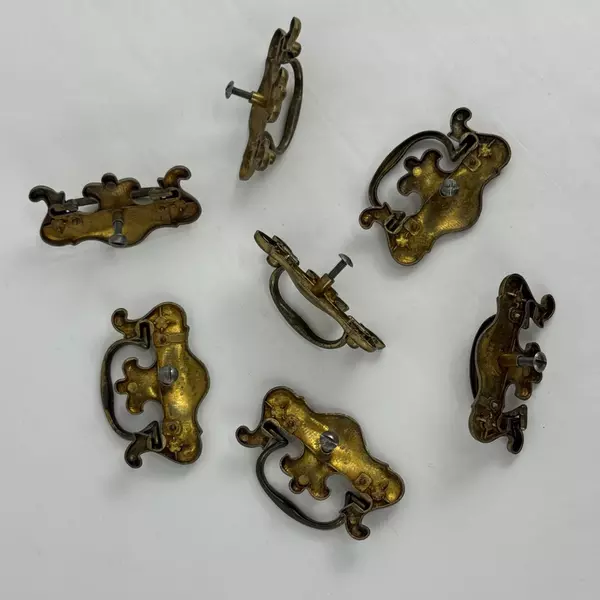 Lot of 7 Vintage Salvaged 2-Piece Brass Drawer Drop Pulls Fleur de Lis