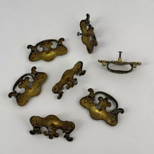 Lot of 7 Vintage Salvaged 2-Piece Brass Drawer Drop Pulls Fleur de Lis