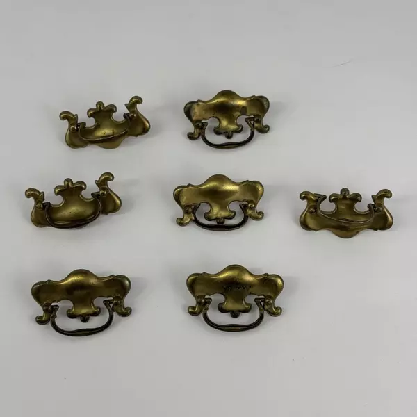 Lot of 7 Vintage Salvaged 2-Piece Brass Drawer Drop Pulls Fleur de Lis