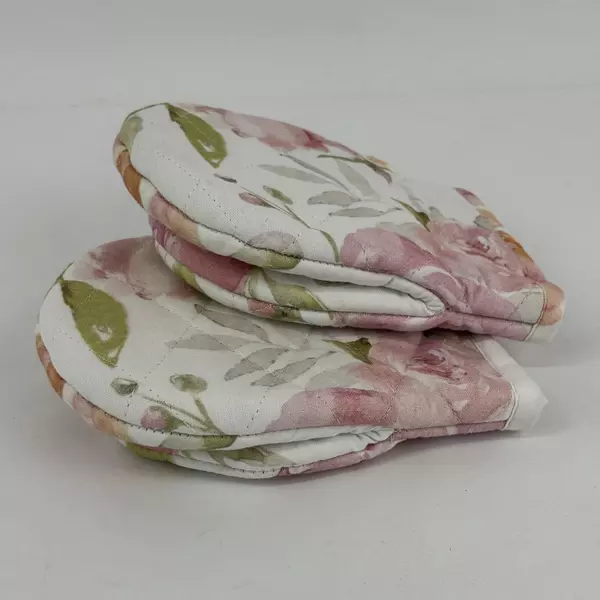 Lot Of 2 Pink Rose Pattern Cloth Oven Mitts