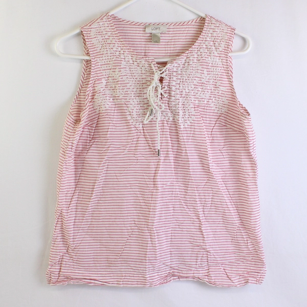 LOFT Women's Pink Striped Shirt with Lace Detailing Size S