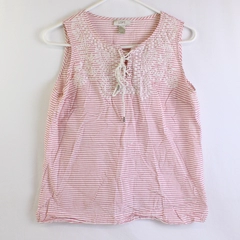 LOFT Women's Pink Striped Shirt with Lace Detailing Size S