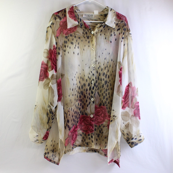 Vintage Venezia Vitale Rose and Cheeta Print Sheer Button-Up Women's Size 26W