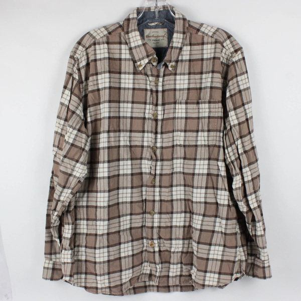 Weatherproof Vintage Brown White Plaid Button-Down Flannel Shirt Men's Size XL