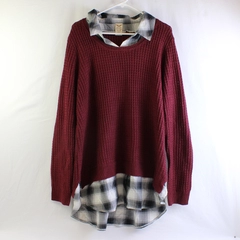 Faded Glory Burgundy Knit Sweater Fake Collared Shirt Women's 2XL 20